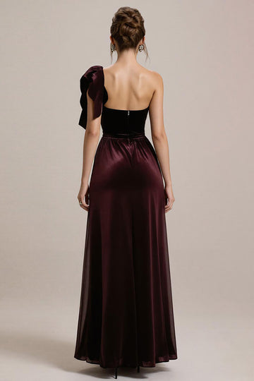 Burgundy One Shoulder A Line Long Black Tie Dress with Ruffles